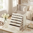 thumbnail image 3 of LEDREM Jewelry Box, 6-Layer Jewelry Organizer with Glass Lid & 5 Drawers, Modern Velvet-Lined Storage Box for Dresser/Vanity, Jewelry Boxes, Cloud White and Gold Color, 3 of 8