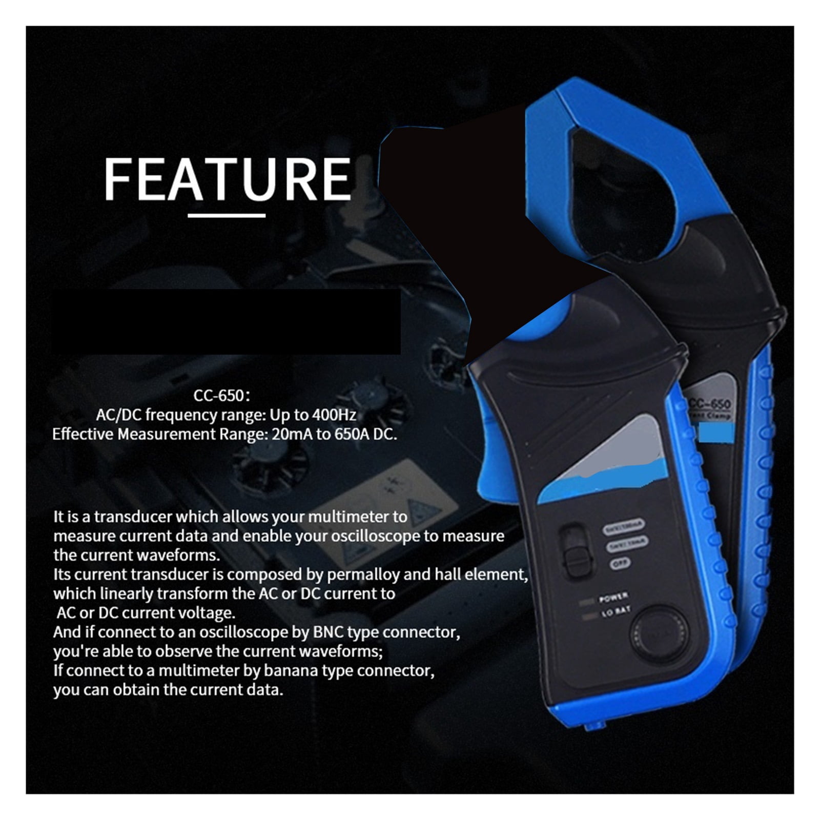 AC/DC Current Clamp Meter Oscilloscopes AC/DC 20KHz 400Hz Bandwidth 1mV/10mA 650A ,Professional Designed