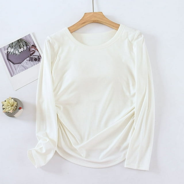 Pijama de manga larga para mujer, blusa de poliéster, color liso, cuello redondo, manga larga, con sujetador acolchado en el pecho