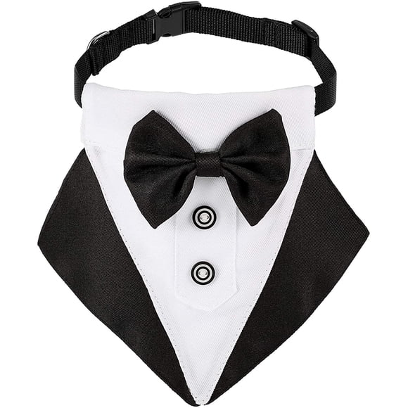 Formal Dog Tuxedo Bandana Dog Wedding Bandana Dog Collar with Bow Tie and Neck Tie Designs Adjustable Black Collar Formal Tux Dog Bowtie Adjustable Neckerchief (Black,M)