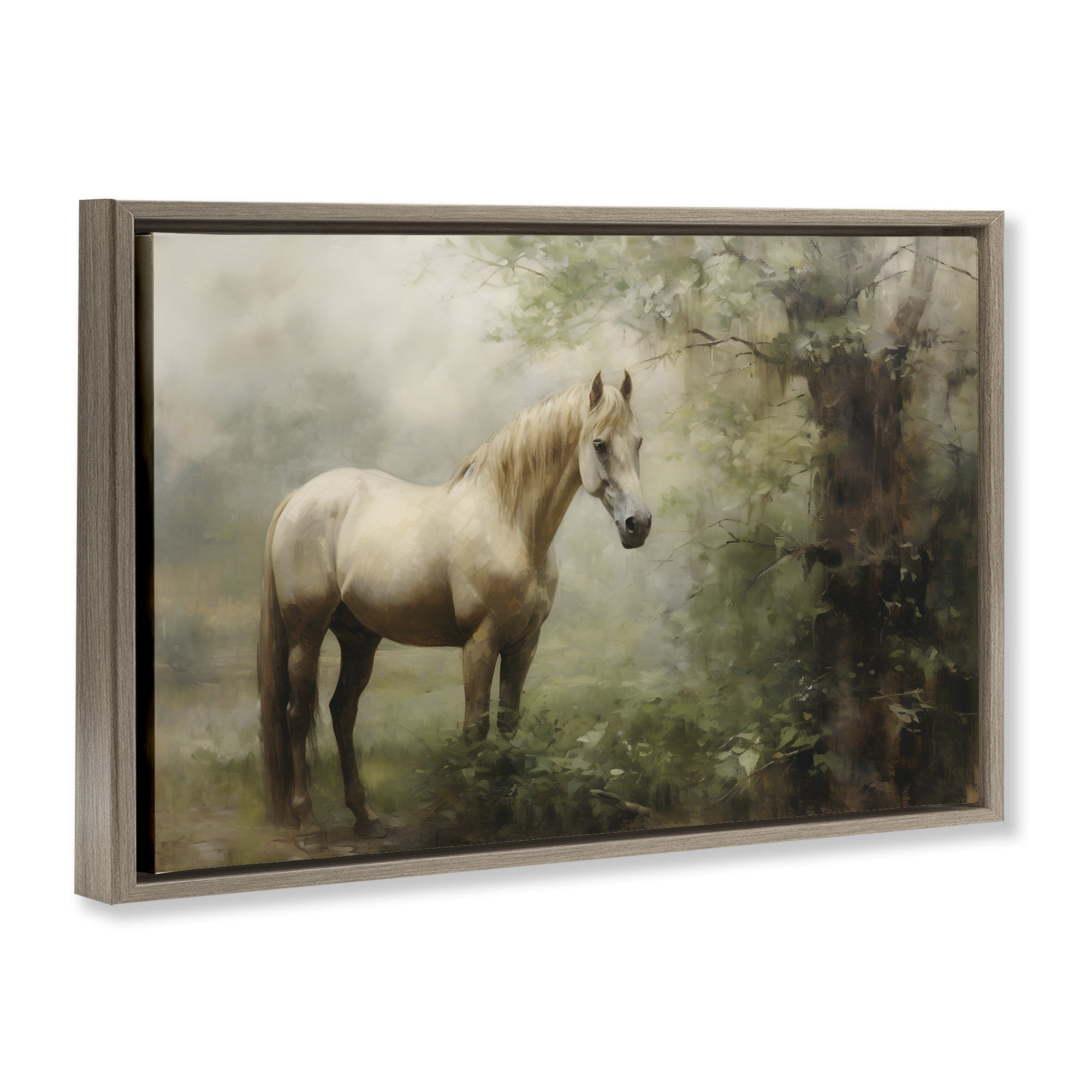 Stupell Industries Horse in Forest Woods Landscape Painting Brown Floater Framed Canvas Art Print Wall Art, 31 x 21
