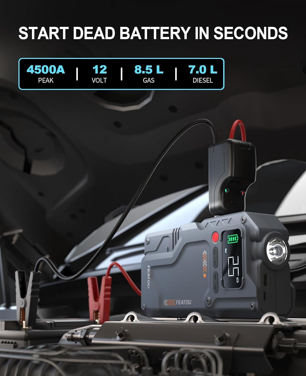 FEATOU V5 Portable Car Jump Starter with Air Compressor, 5000A 12V Battery Booster for 10.0L Gas/9.0L Diesel Engines, LED Light, USB QC 3.0