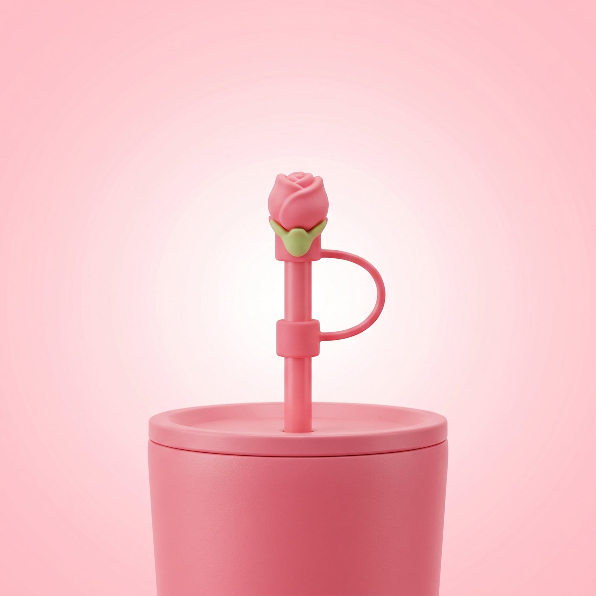 Unique Bargains Floral Silicone Straw Caps Reusable Dust-Proof Toppers Rose Red B