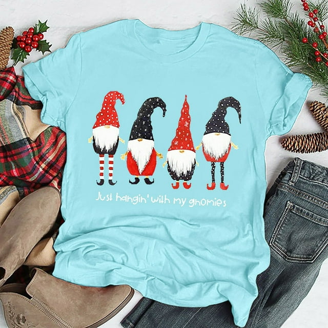 Puntoco moda mujer Navidad estampado manga corta cuello redondo suelta camiseta blusa tops Puntoco Puntoco-1100