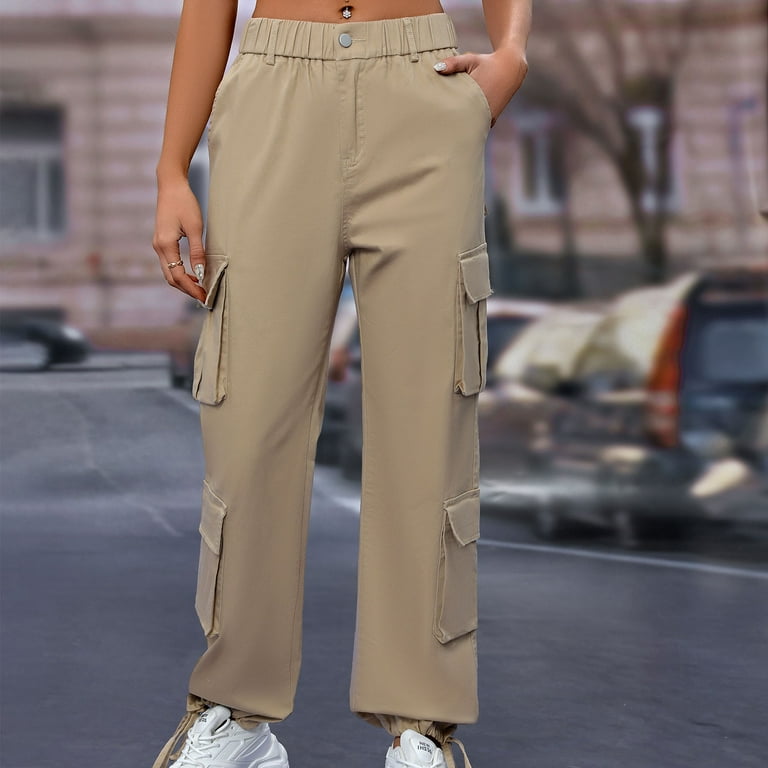 Womens Cotton Cargo Pants with Multi Pockets Drawstring Bottoms