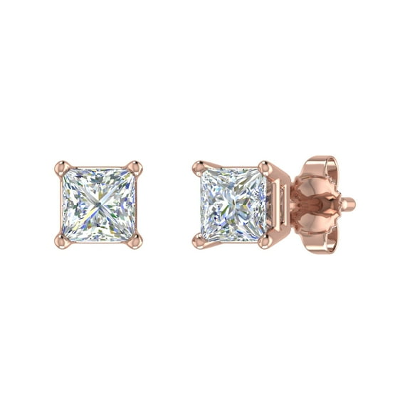 1/2 Carat 4-Prong Set Princess Cut Diamond Stud Earrings in 14K Rose Gold
