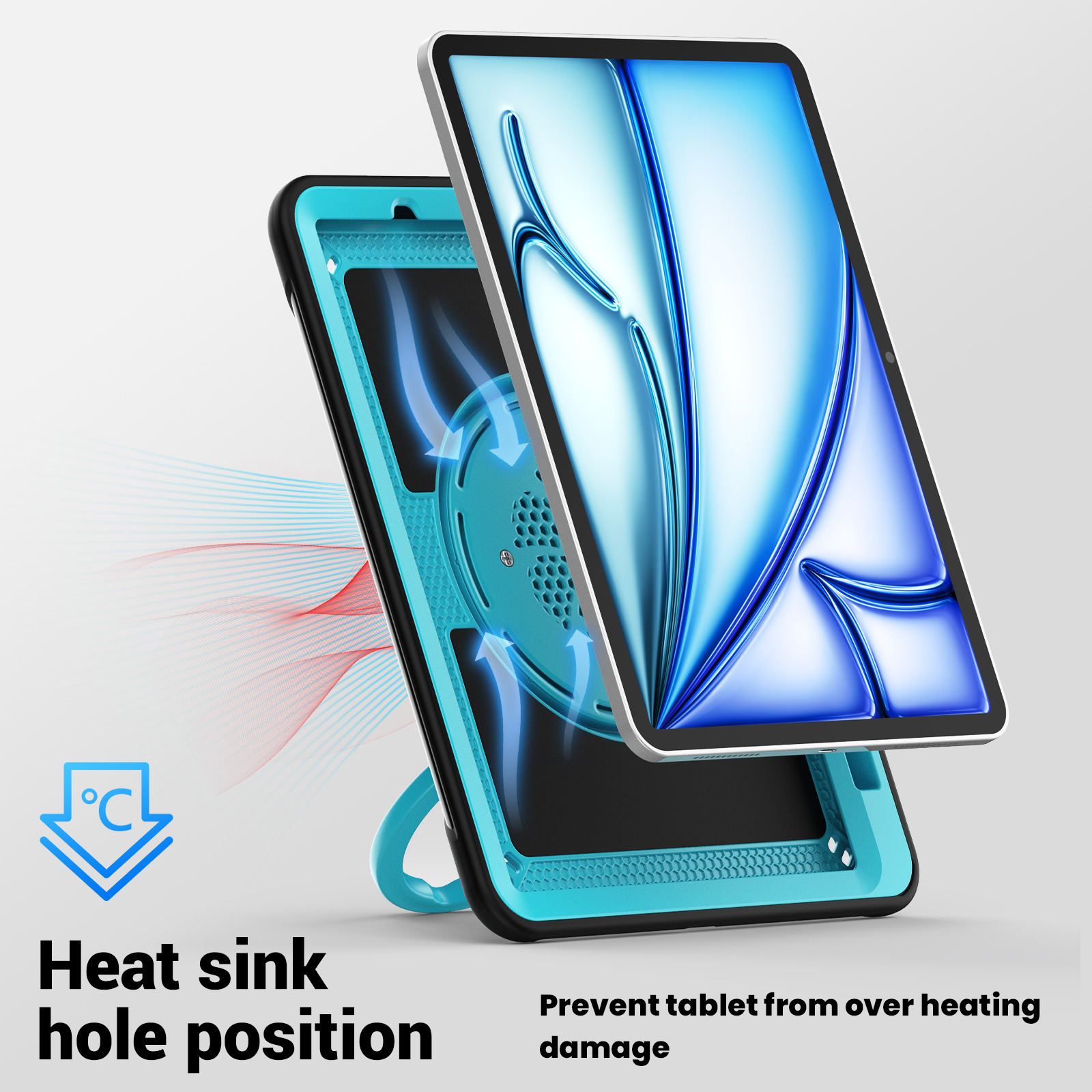 Shockproof Case for Apple iPad Air 11 Inch M3 M2 2025/2024, Rugged Hybrid Protective Cover with Pencil Holder & Shoulder Strap Kids Friendly Rotating Kickstand Case for iPad Air 11 Inch, Lightblue