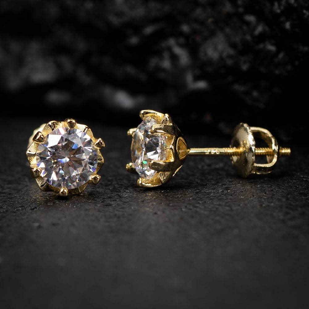 Classic Round Cut Halo Men Women Yellow Gold Plated 925 Sterling Silver Brilliant Iced Cz Solitaire Stud Earrings Screw Back Stud Circle Earrings 8 Millimeters Unisex Small Earring Studs