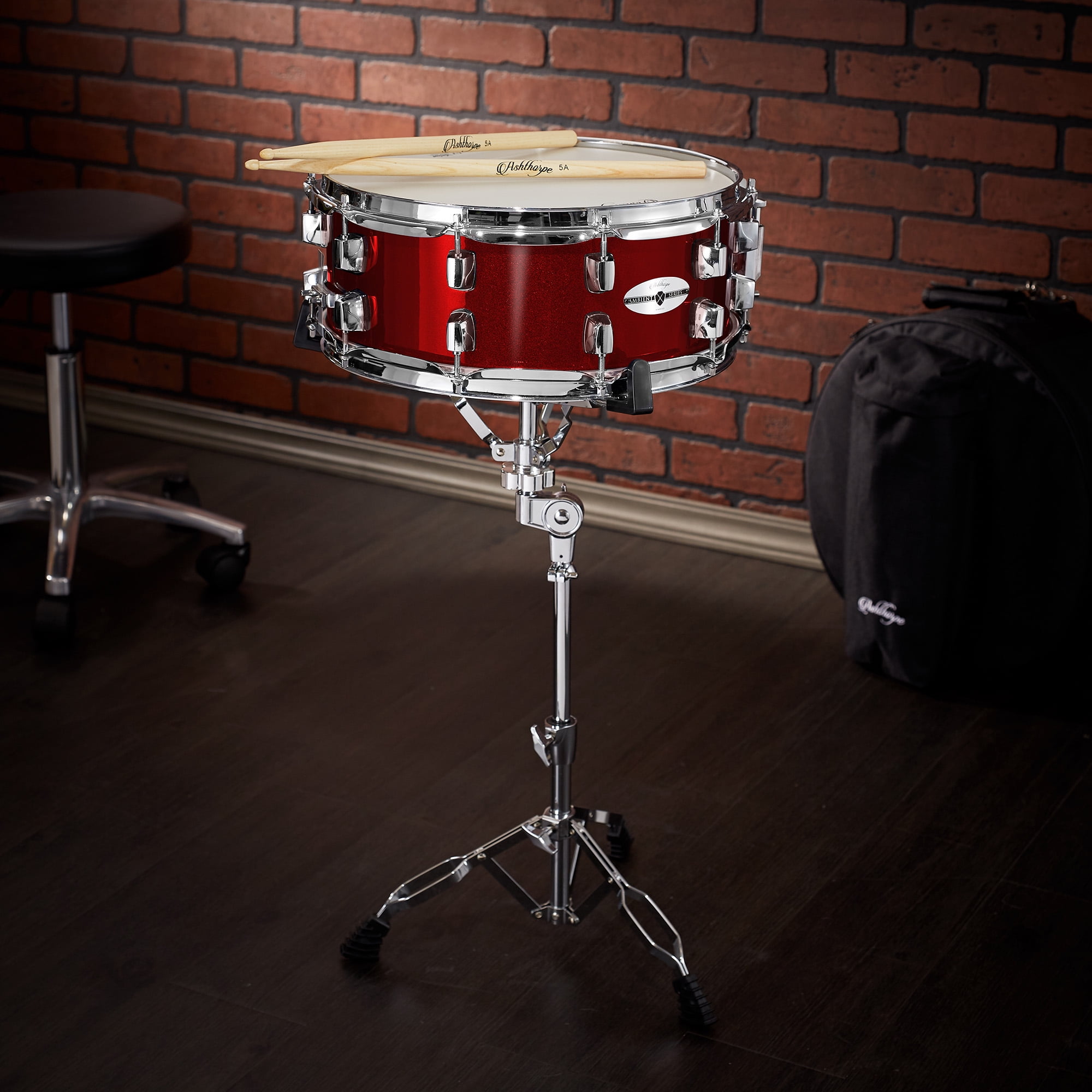 Ashthorpe Snare Drum with Remo Head - Red, Beginner Kit with Stand and Gig Bag