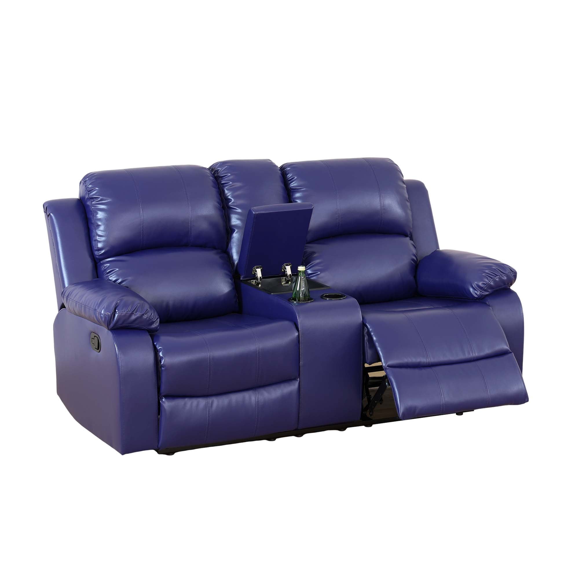 Aukfa Double Manual Recliner Chair, Overstuffed Loveseat w/ Cupholders,Leather, Blue