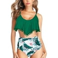 thumbnail image 1 of Women High Waisted Bikini Ruffle Swimsuit Flounce Pom Pom Trim Two Piece Bathing Suit Green Floral (M, 1 of 6