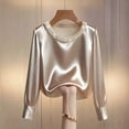 thumbnail image 4 of XAOFW Women's T-Shirts Long Sleeve Pearl Neckline Solid Color Elegant Satin T Shirt Leisure Wear Relaxed Fit Tee Shirts Home Lounging Soft Breathable Top, 4 of 4
