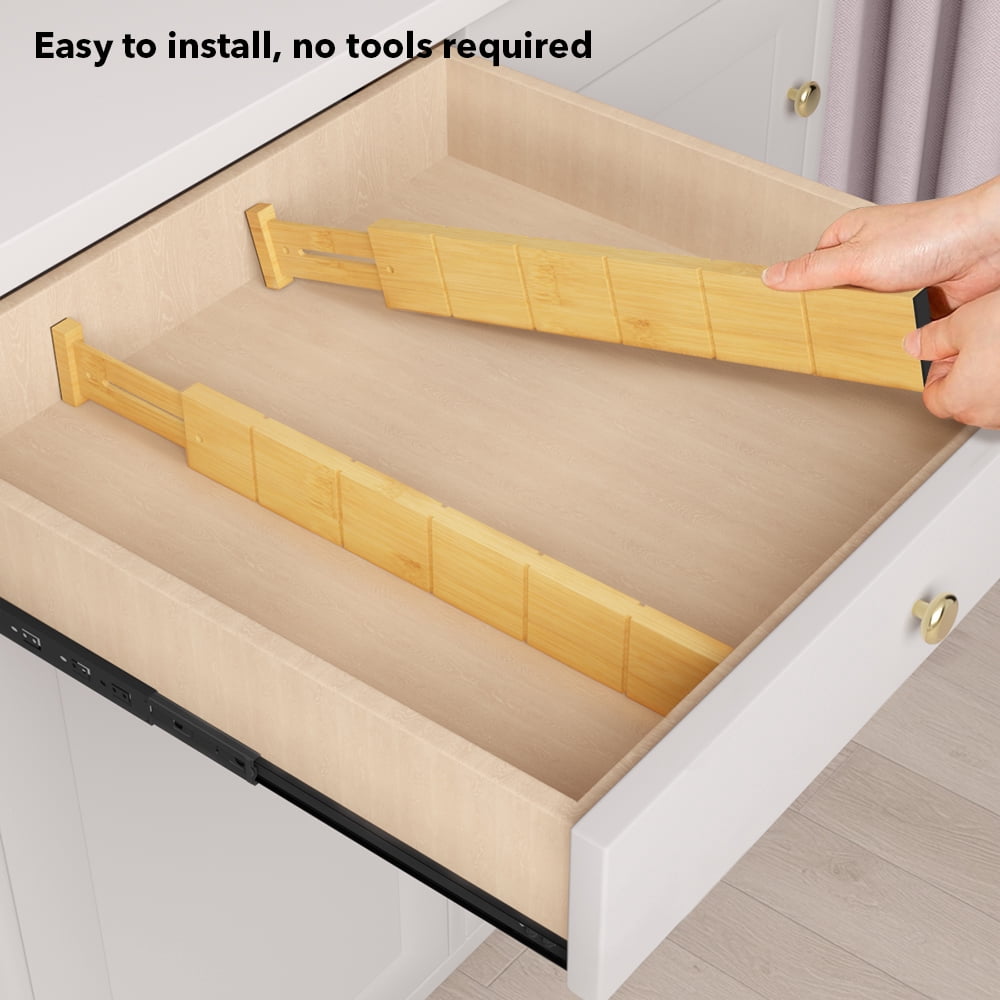 PLUMEBAY Bamboo Drawer Dividers (17–22 in Natural) with Inserts and Labels, Adjustable Expandable Drawer Organizers for Kitchen, Dresser and Office, 4 Dividers
