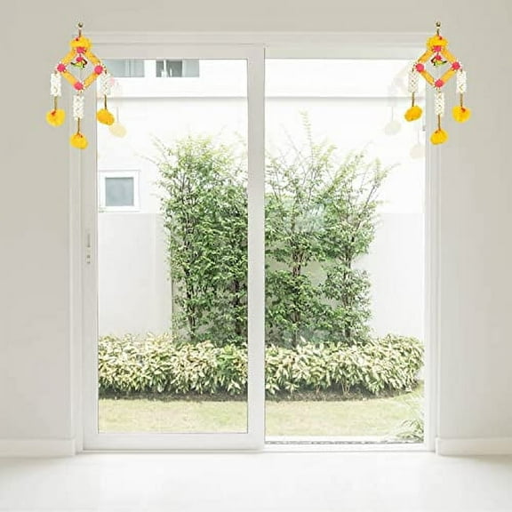 Set of 2 Door Hanging Made up of Square Gota work Wooden Parrot Birds String for Home Wall Door Bedroom Kids Room Décor Festival Christmas Decorations New year Gifts Hangings(Size:-16'')