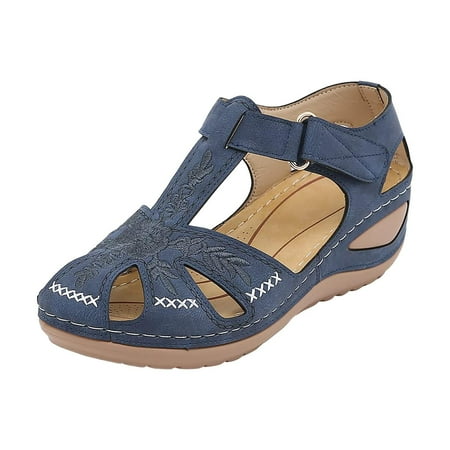 

YanHoo Clearance Closed Toe Sandals for Women Casual Summer 2023 Hollow Out Vintage Beach Wedge Leather Sandal Gladiator Outdoor Orthopedic Shoe