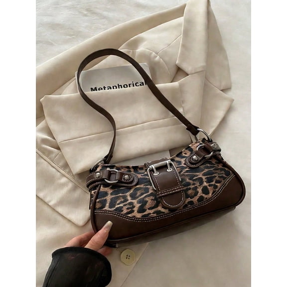 Wynndora Leopard Print Shoulder Bag for Women, Vintage PU Leather Hobo Handbag with Buckle Decor, Brown