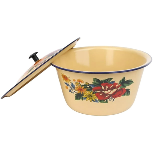Vintage Enamel Bowl with Lid Lard Oil Basin Mixing Bowl Household