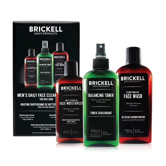 Brickell Rutina de limpieza facial diaria para hombres para pieles grasas Gel tónico sin alcohol Jabón facial y humectante Natural y orgánico Sin perfume