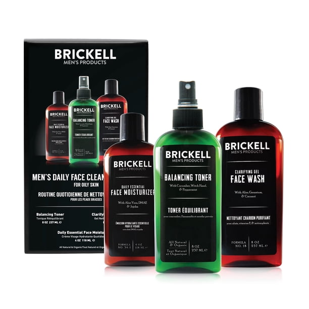 Brickell Rutina de limpieza facial diaria para hombres para pieles grasas Gel tónico sin alcohol Jabón facial y humectante con aroma natural y orgánico