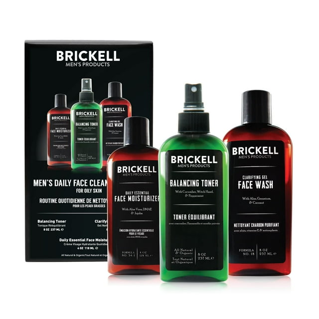 Brickell Rutina de limpieza facial diaria para hombres para pieles grasas Gel tónico sin alcohol Jabón facial y humectante con aroma natural y orgánico