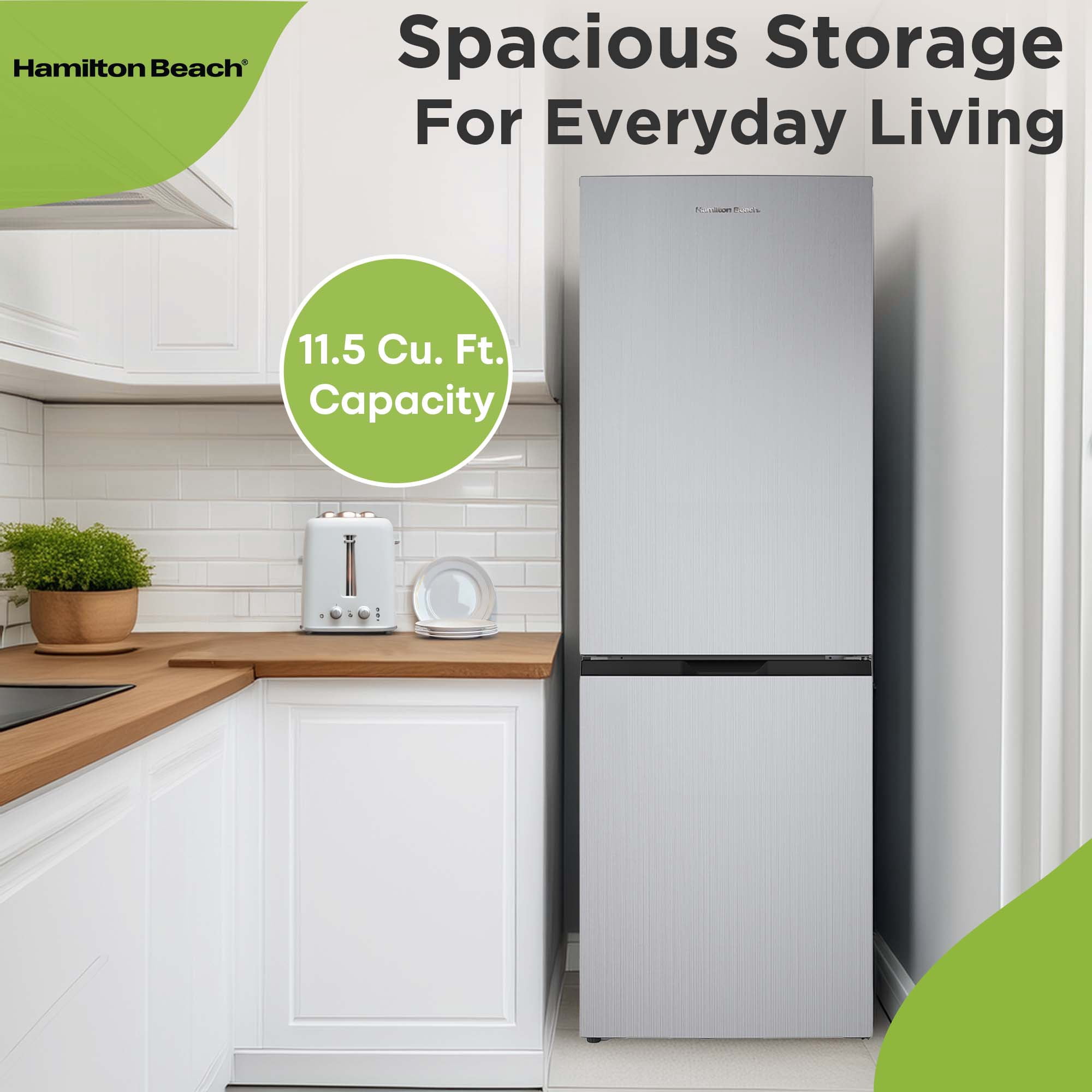 Hamilton Beach 11.5 Cu. ft. Frost-Free Refrigerator, Bottom Mount Apartment Size Fridge, Stainless Steel