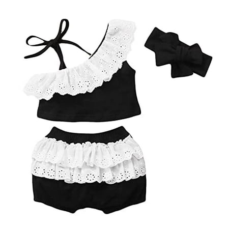 

StylesILove Infant Baby Girls Black Asymmetric Ruffled Eyelet Crop Top and Shorts Bow Headband 3pcs Cotton Summer Outfit (6-12 Months)