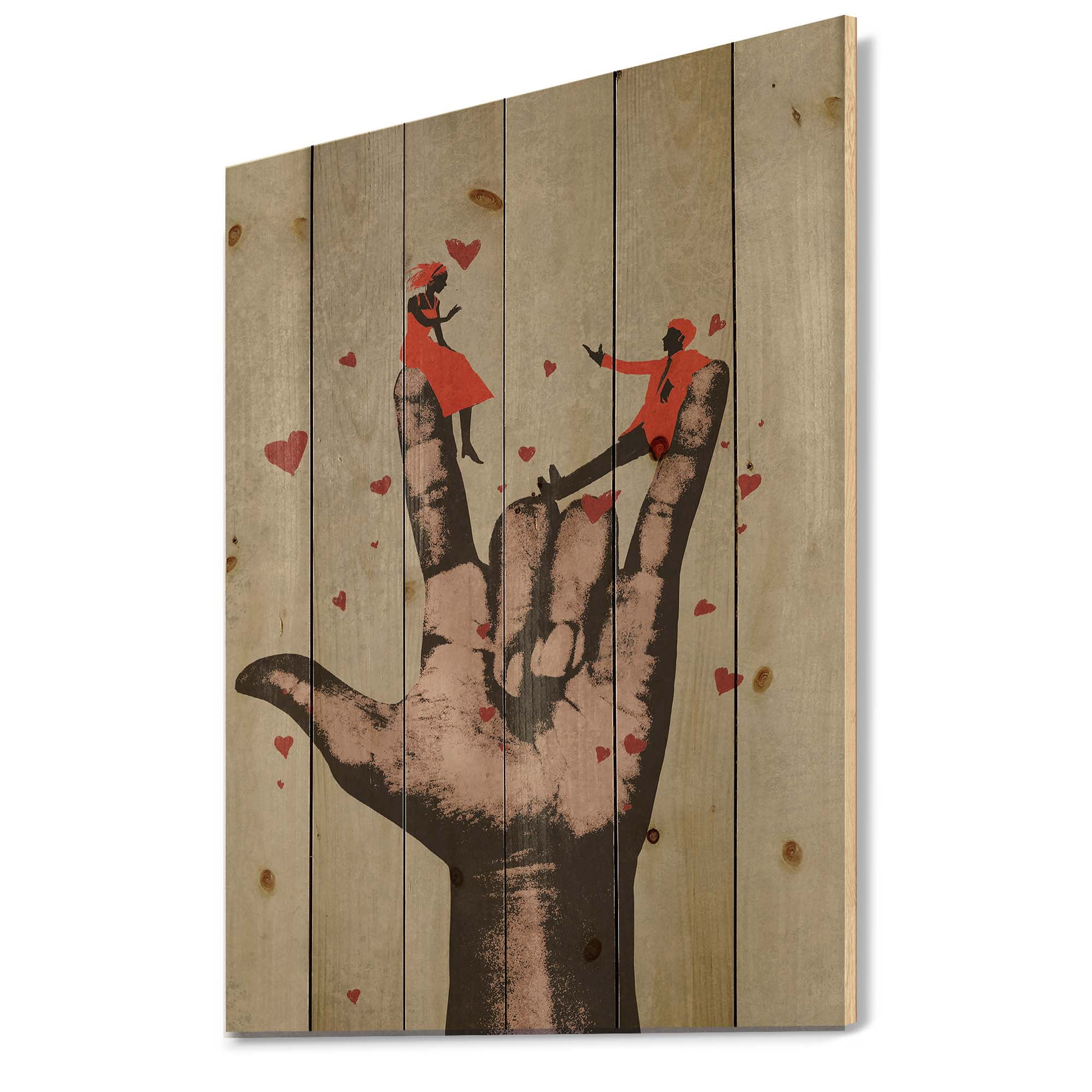 Designart 'I Love You Hand Sign With Romantic Couple' Modern Print on Natural Pine Wood