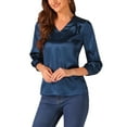 thumbnail image 4 of INSPIRE CHIC Women's Satin Blouse Casual Solid Long Sleeve V Neck Top Shirts L Dark Blue, 4 of 5