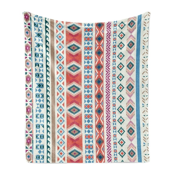 Tribal Soft Flannel Fleece Throw Blanket, Geometric Motifs Pattern Vertical Striped Background Design, Cozy Plush for Indoor and Outdoor Use, 70" x 90", Multicolor, by Ambesonne