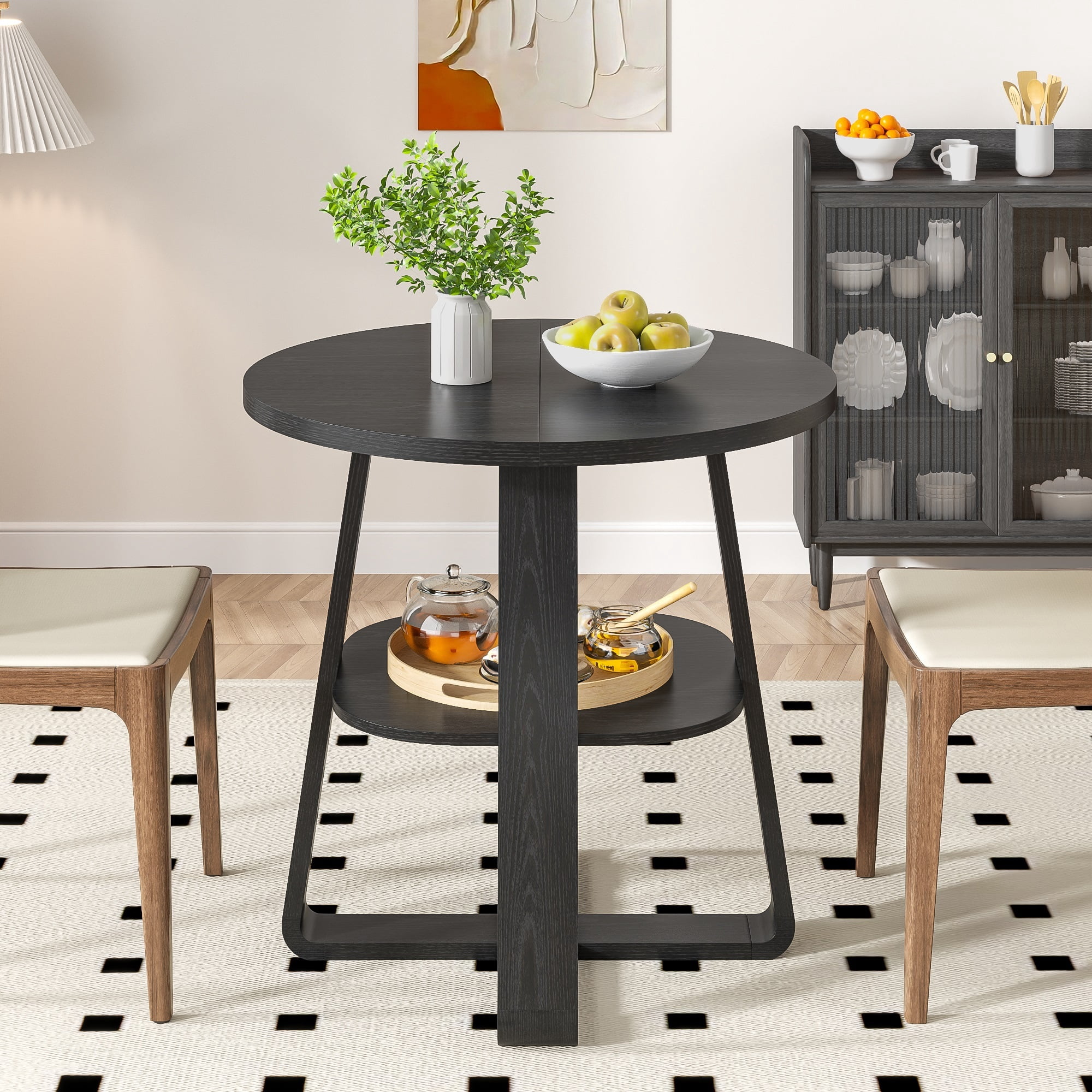 Small Round Dining Table for 2-4, Farmhouse Kitchen Table with Open Shelf, Circle Table for Space Saving, Living Room, Dining Room, Black