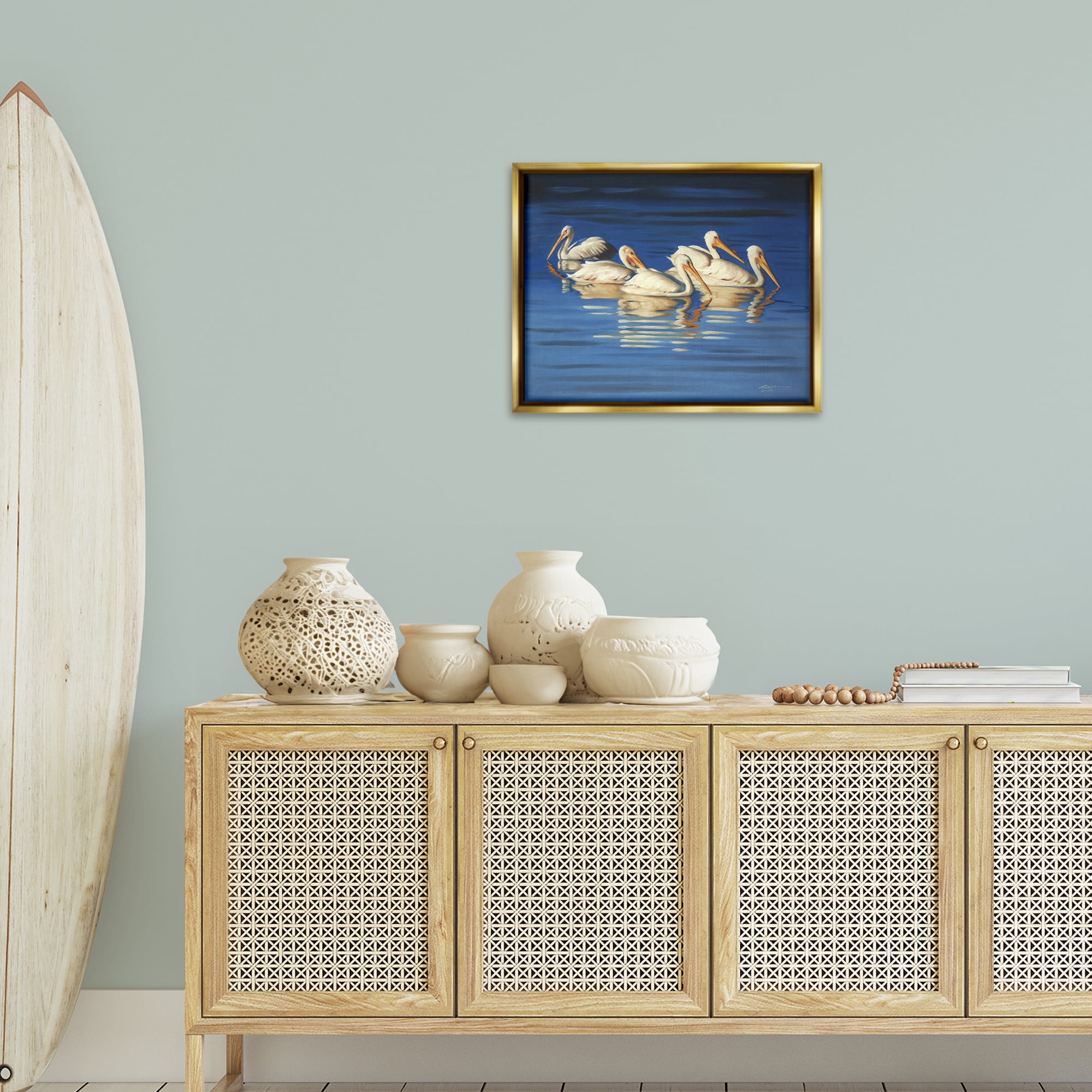 Stupell Industries Pelican Flock Lake Ripples Animals & Insects Painting Gold Floater Framed Canvas Art Print Wall Art, 21 x 17