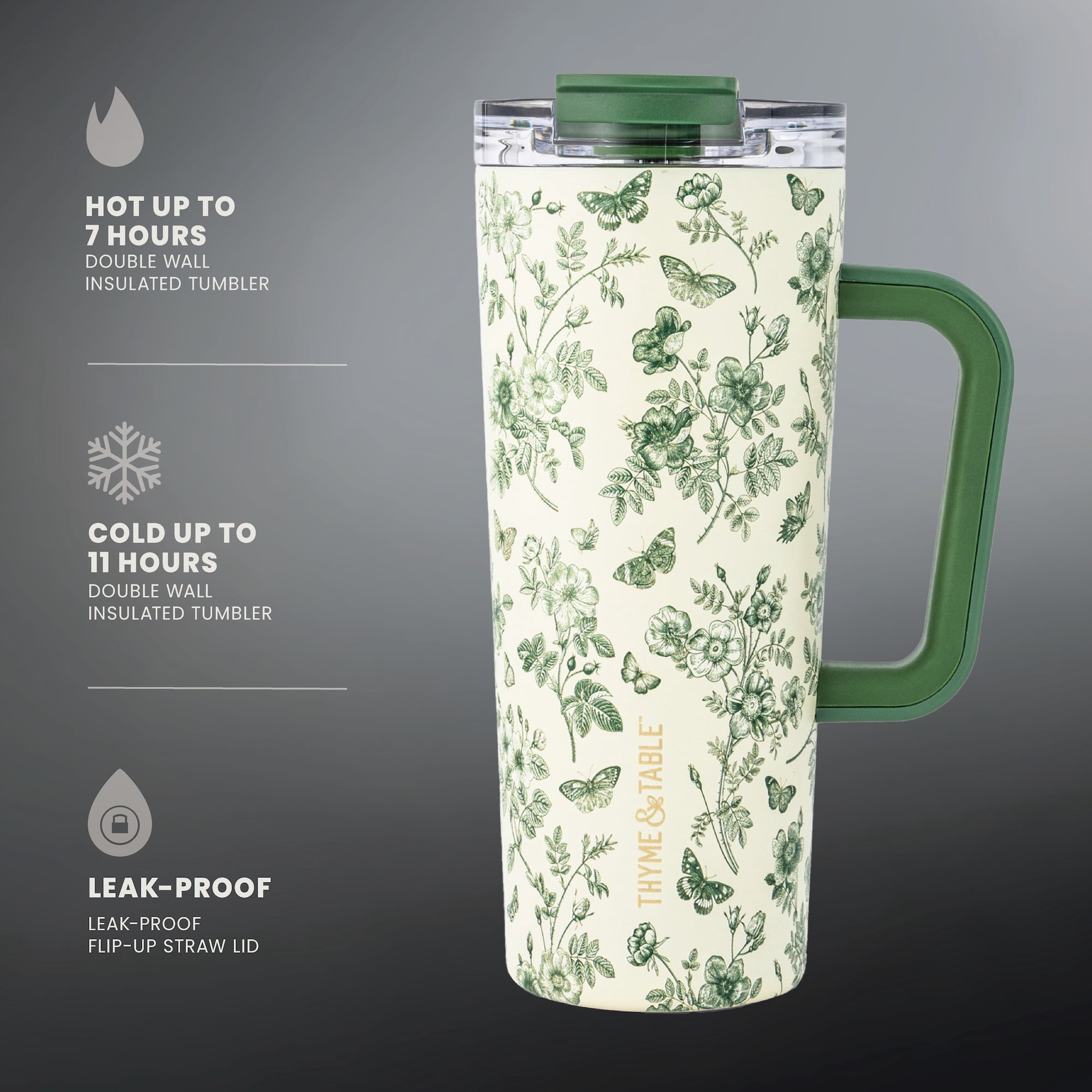 Thyme & Table 24oz Stainless Steel Luna Tumbler with Handle and Dual Straw Lid, Green Floral