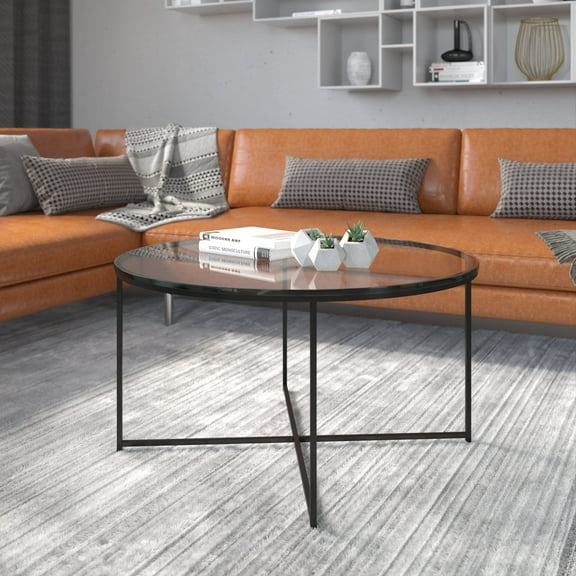 Emma   Oliver Clear Glass Living Room Coffee Table with Crisscross Matte Black Metal Frame