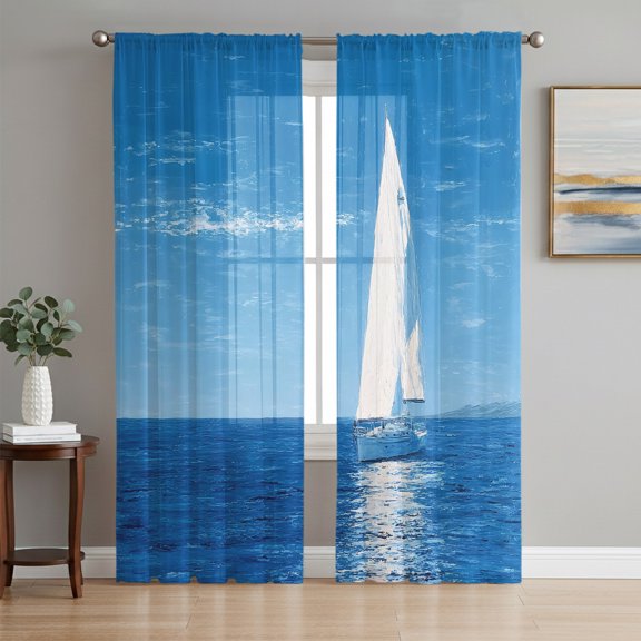 Summer Coastal Sailboat Sheer Curtains 96 Inch Length 2 Panels Set, Nautical Ocean Horizon Blue Voile Window Treatment Semi Sheer Long Curtains Drapes for Bedroom/Living Room/Kitchen 52"x96"x2