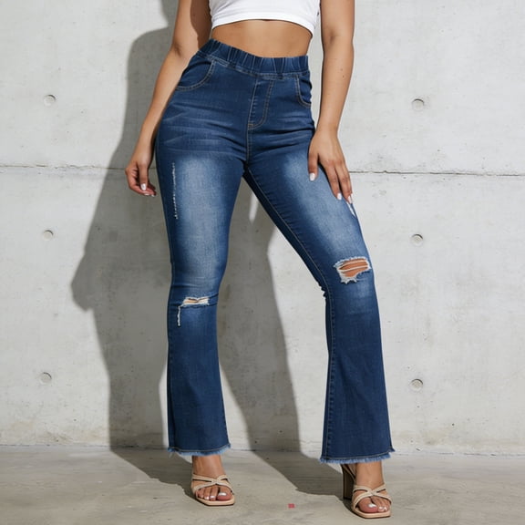 Women's Jeans Elastic Waist Plus Size Fashion Hole Elastic Stretchy Pocket Denim Pants