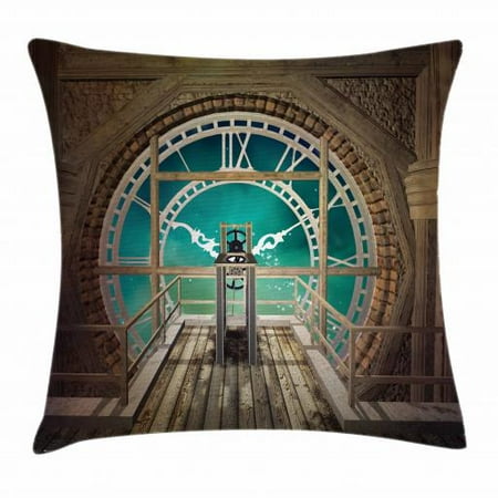 Brown And Turquoise Pillows Steampunk Throw Pillow Cushion Cover, Fantasy Background Print of Inside View of Clock Tower Wooden Mezzanine, Decorative Square Accent Pillow Case, 16 X 16 Inches, Pale Brown Turquoise, by Ambesonne ()