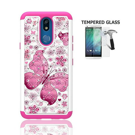 Phone Case for Straight Talk LG Solo L423DL / LG K40 / LG K12 Plus / LG X4 (2019), Studded Rhinestone Crystal Bling Shockproof Cover Case + Tempered Glass Screen Protector (White Pink