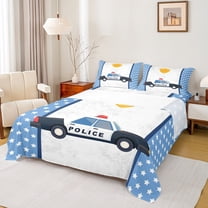 Castle Fairy Cartoon Police Car Twin Sheet Sets 3pcs for Kids Boys Girls,Blue White Stars Print Twin Fitted Sheet Microfiber,Car Theme Breathable Flat Sheet,Luxury Bedroom Decor