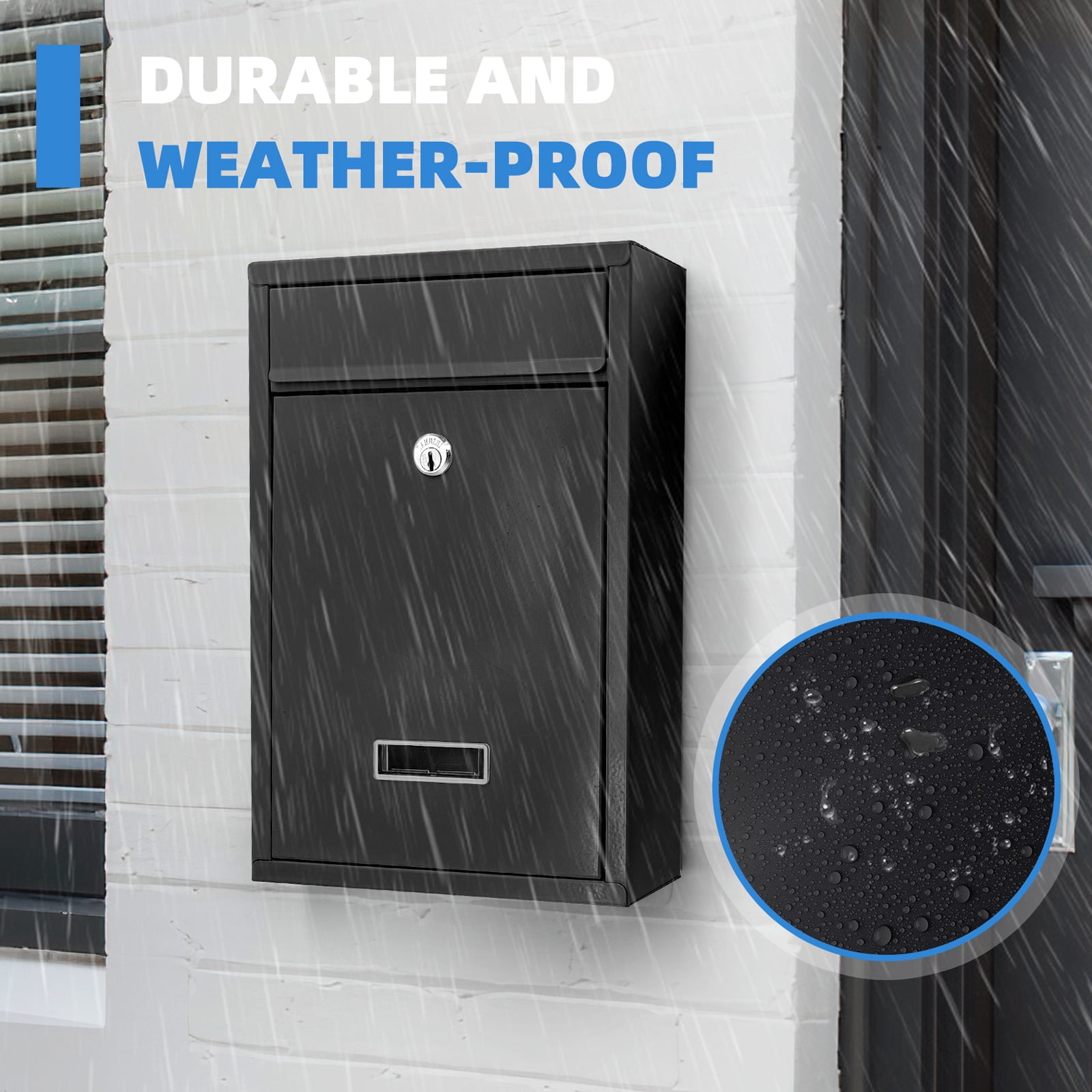 Mailbox Wall Mounted, Key Lock Mail Boxes, 3.3" D x 8.5" W x 12.6" H, Weatherproof Secure Mail Box, Key Lock Mail Boxes Outdoor, White Large (Black Key Lock)