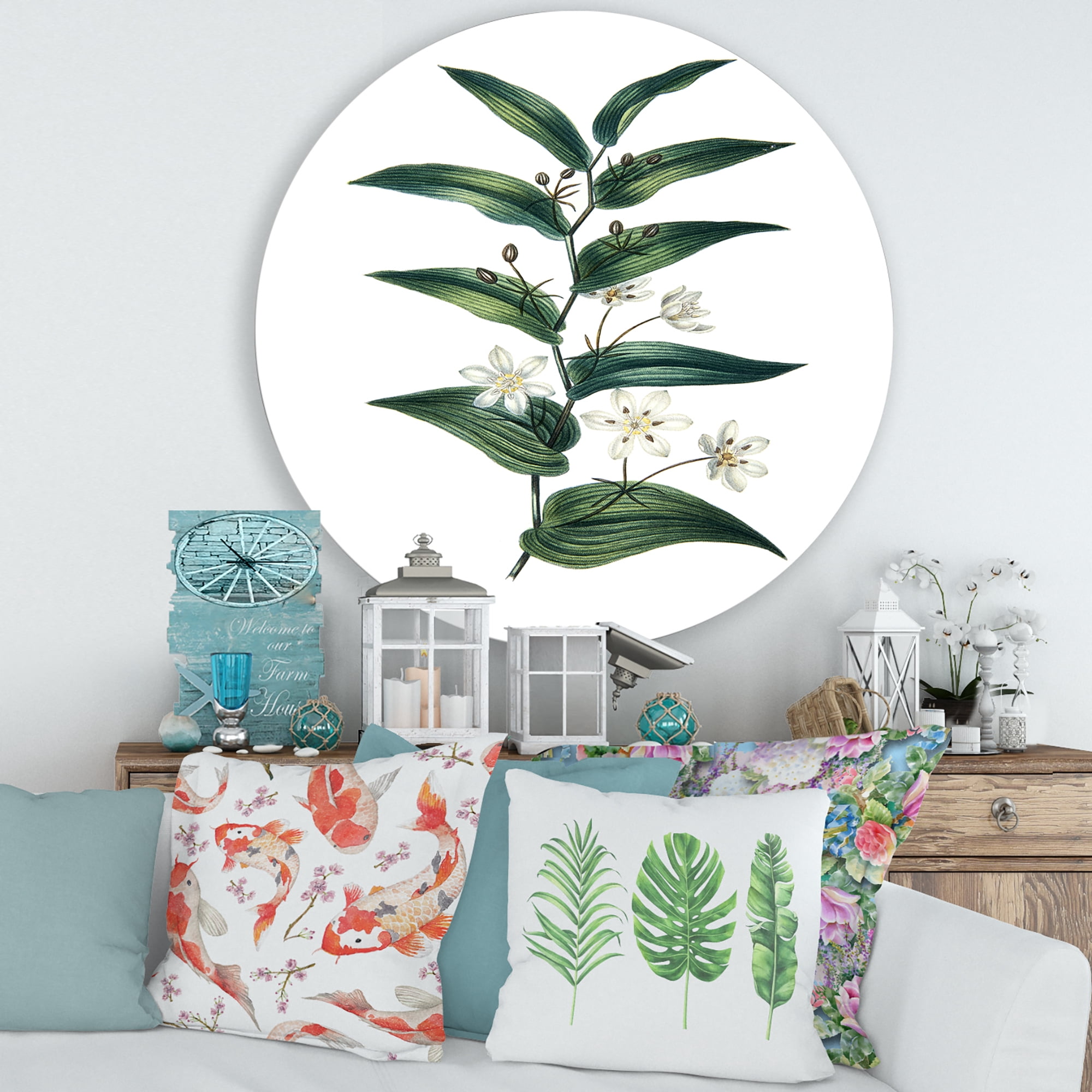 Designart 'Little White Flowers With Ancient Plant' Farmhouse Circle Metal Wall Art 36x36 - Disc of 36