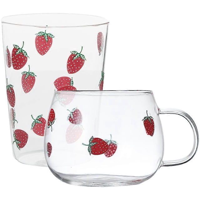 Glass Strawberry Pattern Coffee Mug for Beverage Use 2Pcs Transparent Cups