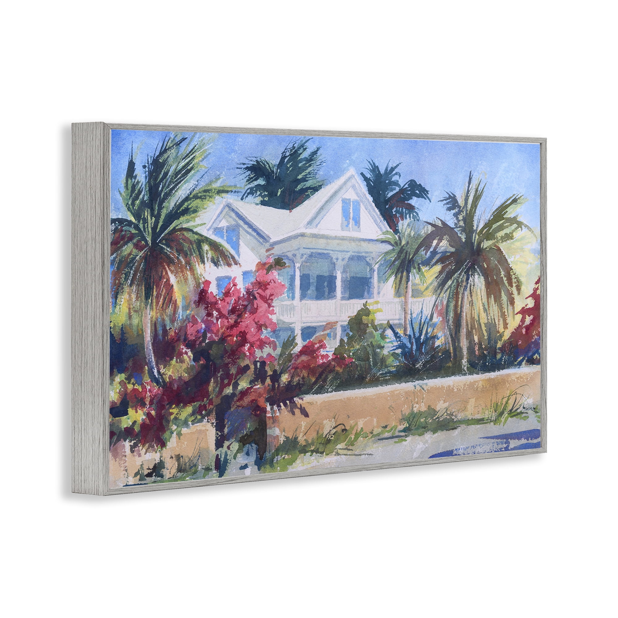 Stupell Industries Palm Tree Cottage Landscape Painting Gray Framed Art Print Wall Art, 24 x 16