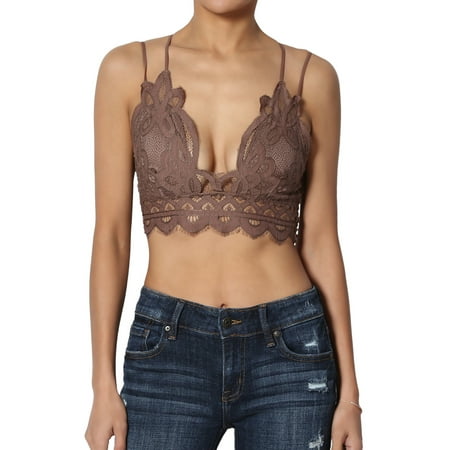 

Women s PLUS Cross Strap & Stretchy Smocked Back Crochet Lace Bralette Pad Bra Top