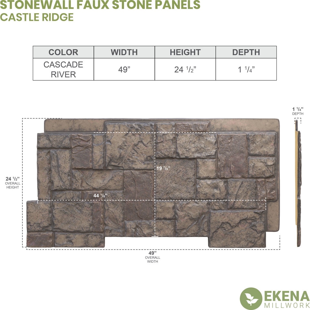 Ekena Millwork 49"W x 24 1/2"H x 1 1/4"D Castle Rock Stacked Stone, EverStone Faux Stone Siding Panel, Cascade River