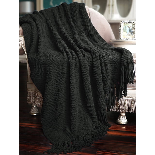HOME SOFT THINGS COBIJA TEJIDA REVERSIBLE MANTA LIGERA SÚPER SUAVE Y ACOGEDORA -NEGRO CUERVO - 127X152.4CM
