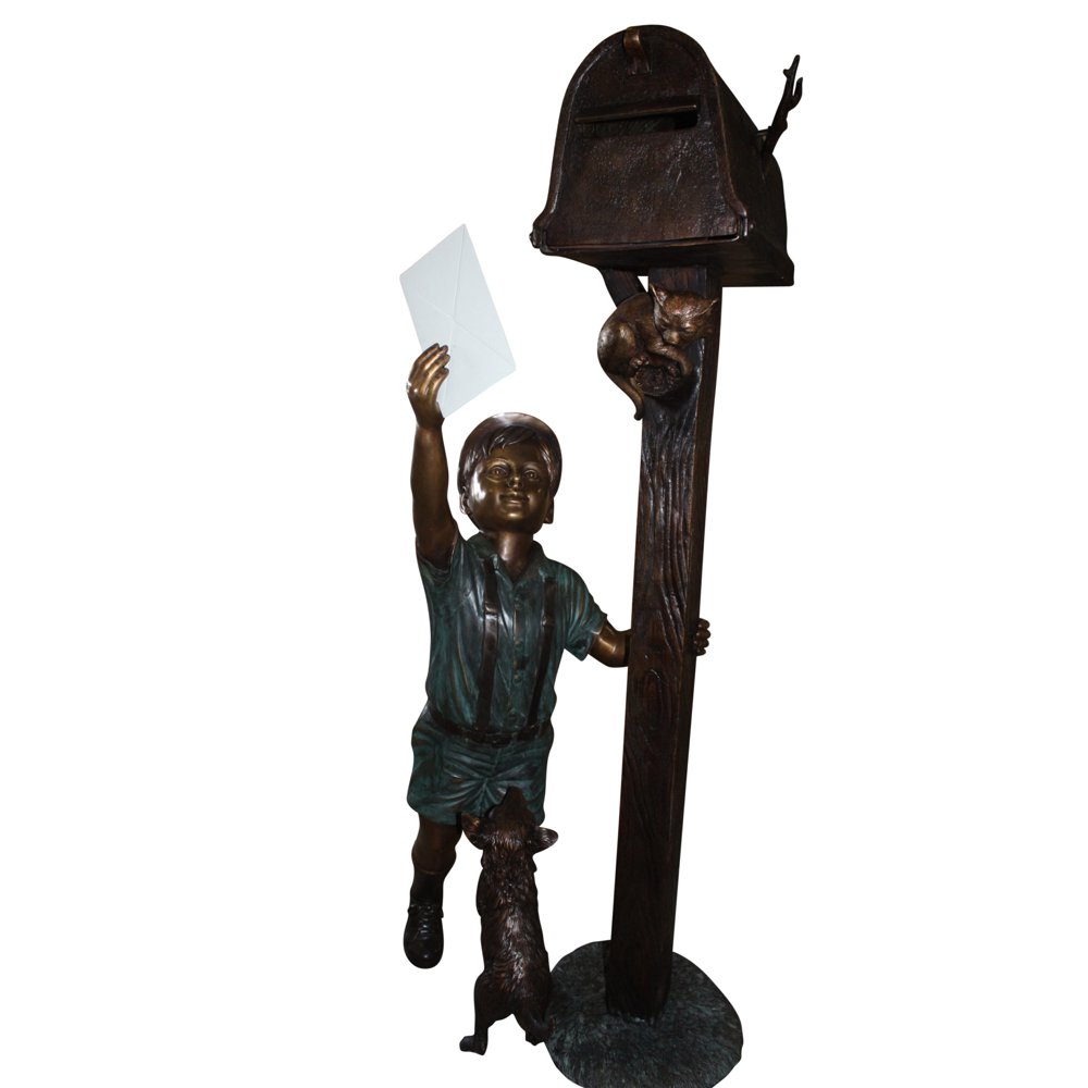 Standing mailbox W boy dog and cat Bronze Statue Size 22"L x 18"W