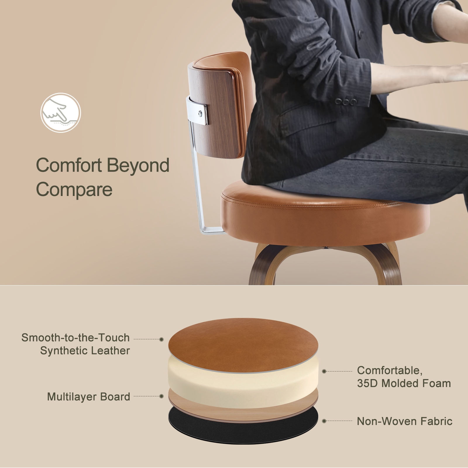 WOOW DEPOT PU Swivel Bar Stools Set of 2, 26" Seat Height Modern Upholstered Bar Chairs w/ Mid-back Round Seat Walnut Legs Leather Island Stools for Kitchen Counter