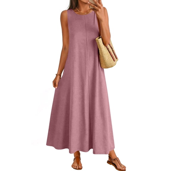 JULMCOMO Summer Dresses for Women 2026 Sleeveless Crew Neck Casual Comfy A Line Loose Fit Maxi Sundresses for Beach Vacation Pink 2XL