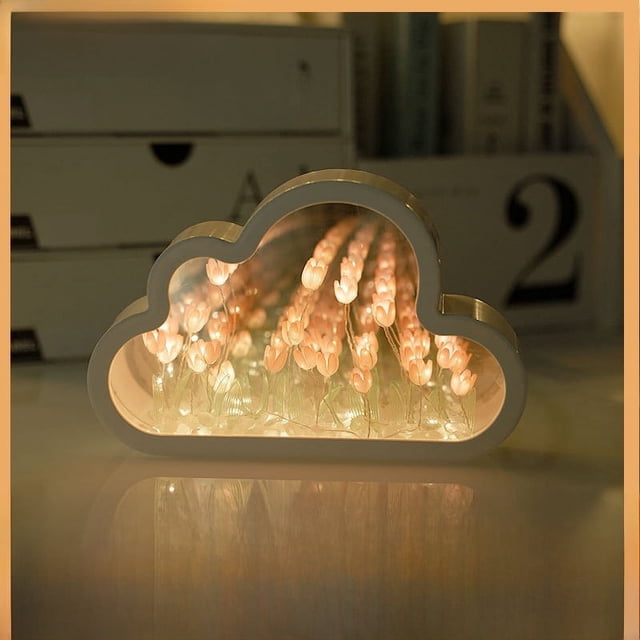 Espejo con forma de nube de tulipán creativo y hecho a mano, luz de noche, regalo práctico para novias, adornos de plástico hechos a mano