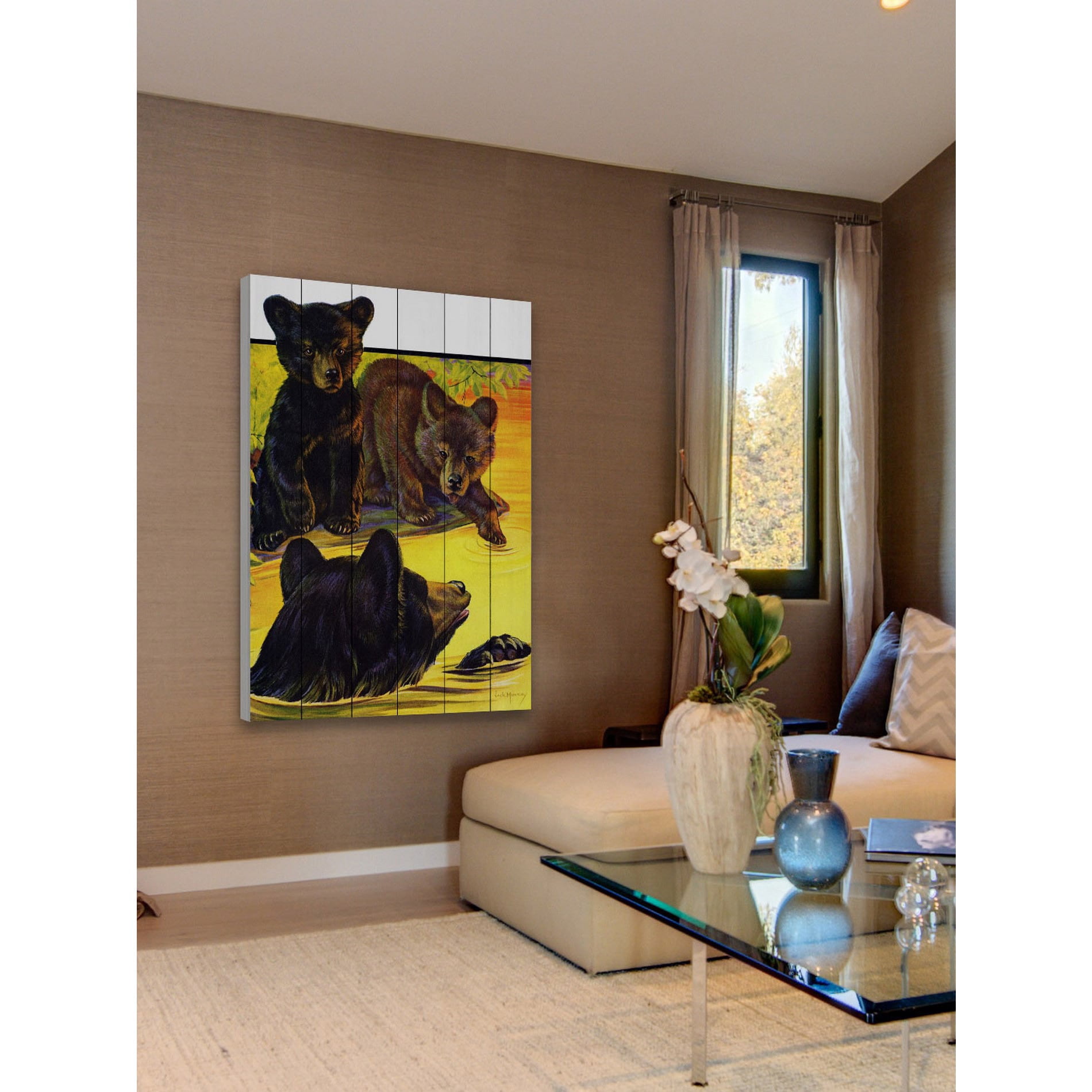 Marmont Hill "Bears In River" Painting Art Print On White Wood, 24.0" x 1.5"